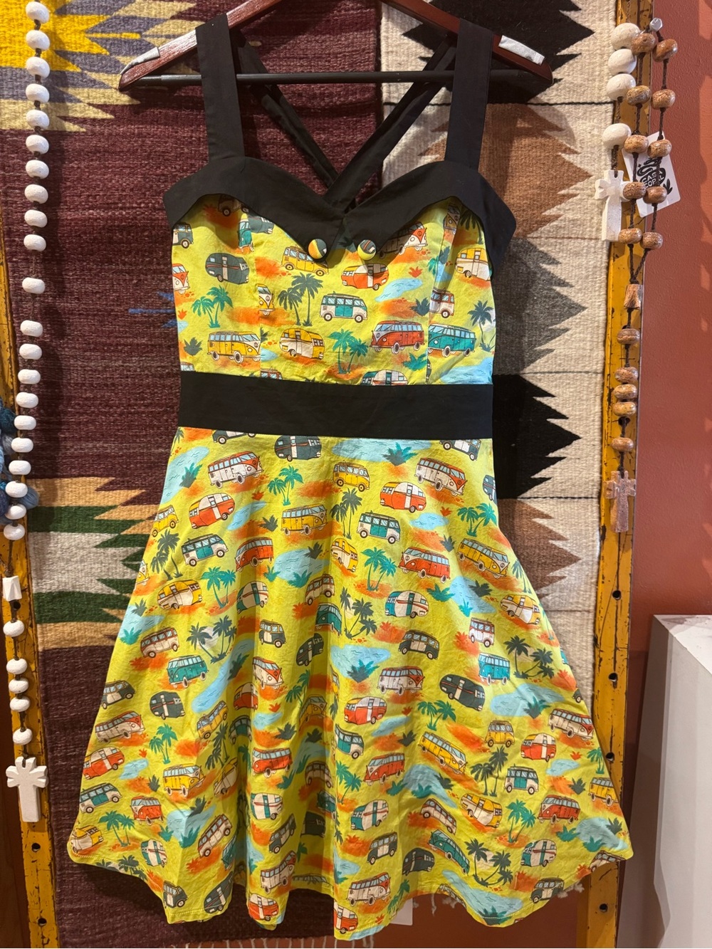 Vintage-Inspired Yellow Campervan Fit & Flare Dress with Black Accents